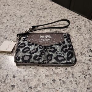 Coach Wristlet Leopard Print Silver Gray Sparkle New